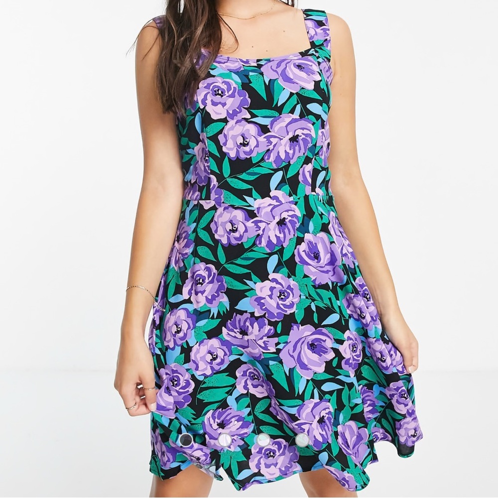 JDY square neck skater dress in purple floral print
